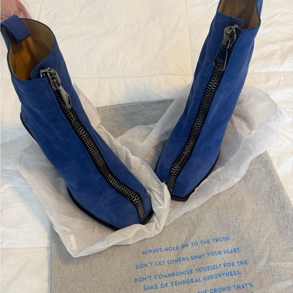 John Fluevog Bold Royal Blue Front-Zip Suede Ankle Boots